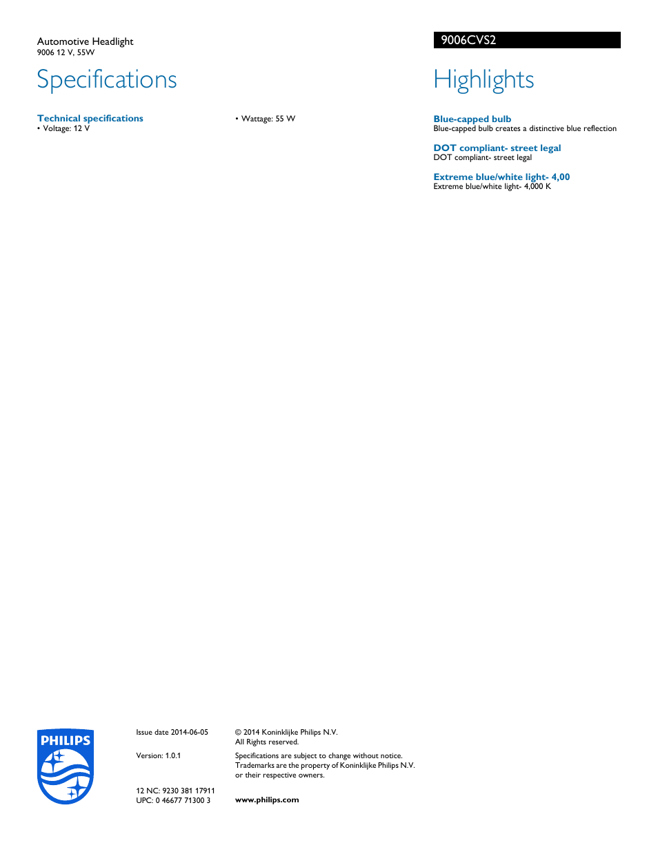 Specifications, Highlights | Philips 9006CVS2 User Manual | Page 2 / 2