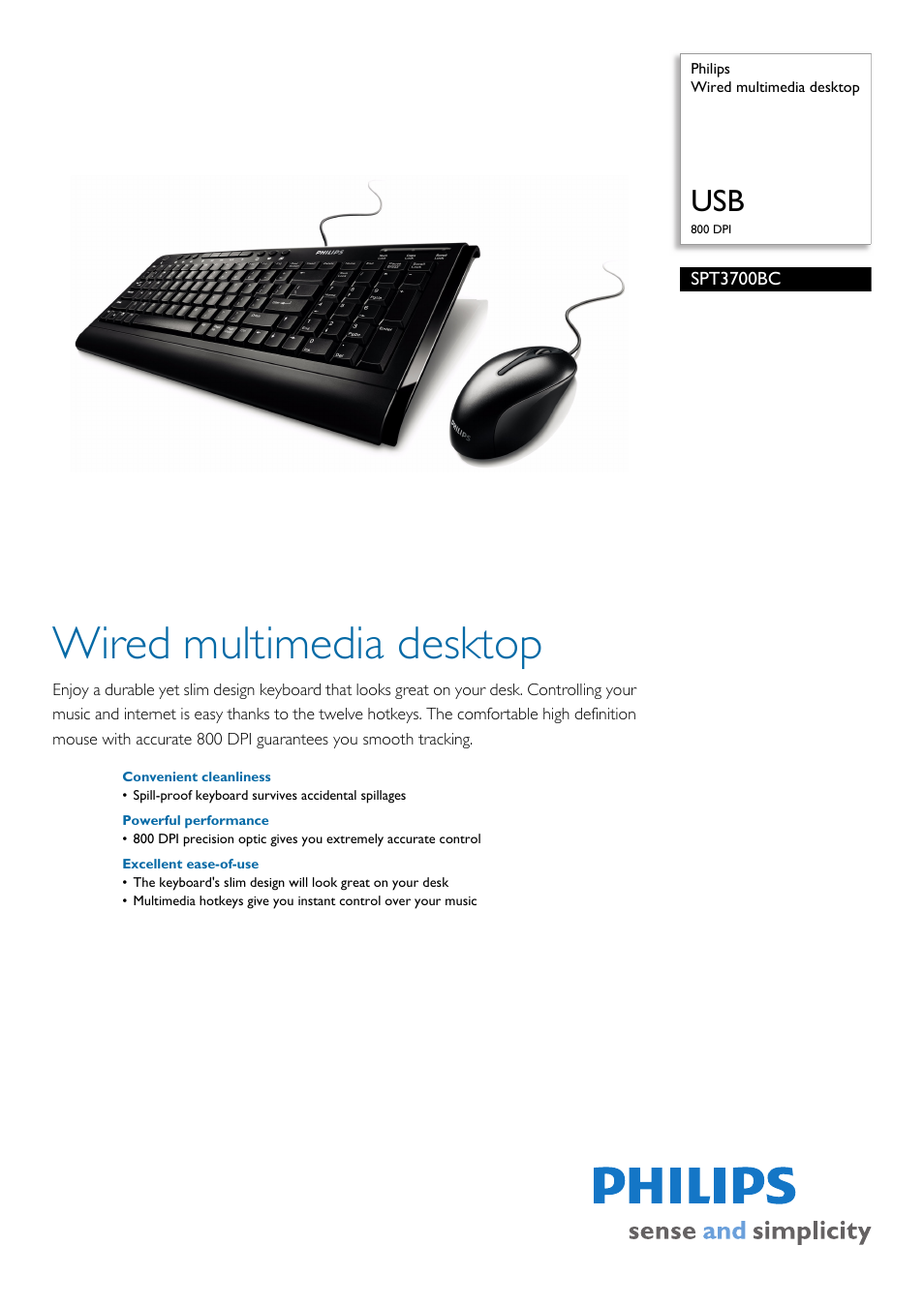 Philips Wired multimedia desktop SPT3700BC USB 800 DPI User Manual | 2 pages