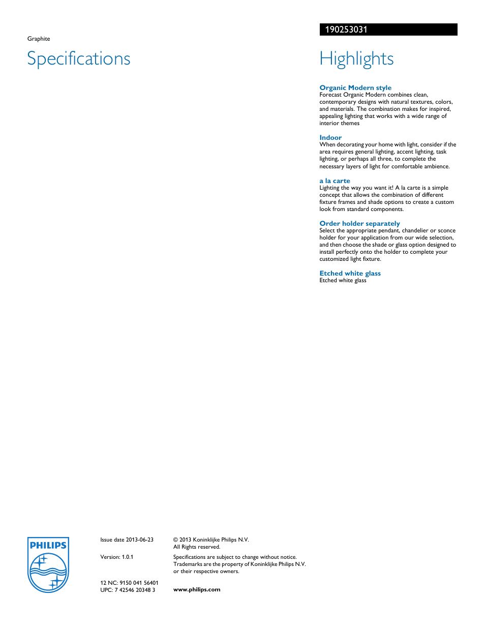 Specifications, Highlights | Philips 190253031 User Manual | Page 2 / 2