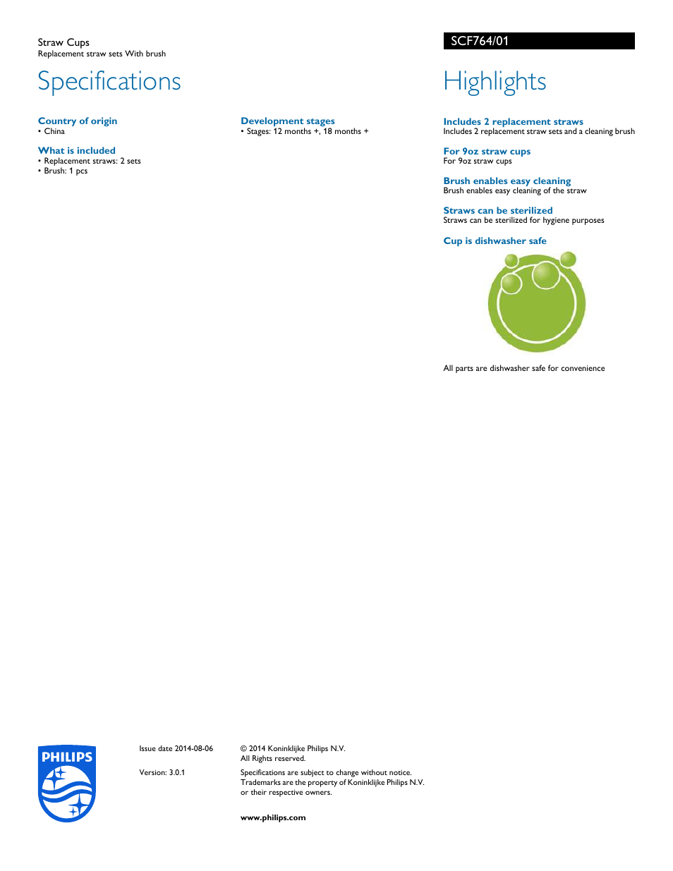 Specifications, Highlights | Philips SCF764-01 User Manual | Page 2 / 2