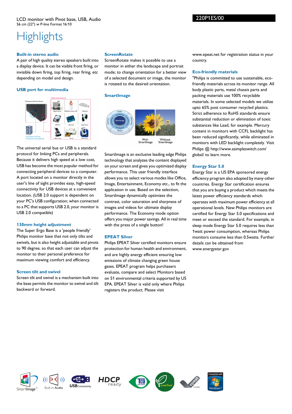 Highlights | Philips 220P1ES-00 User Manual | Page 2 / 3