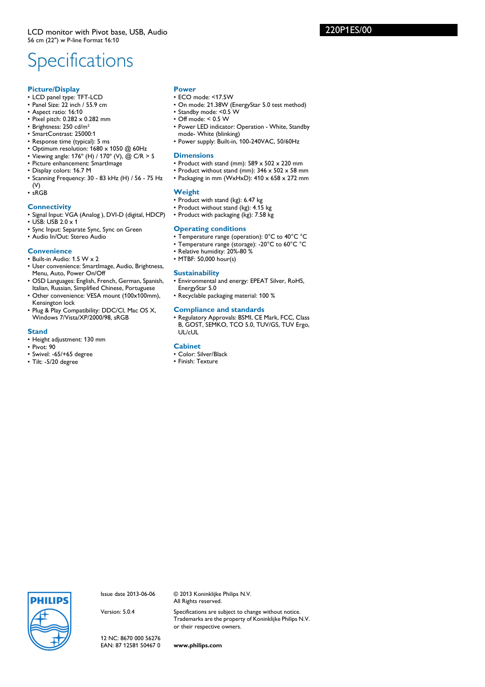 Specifications | Philips 220P1ES-00 User Manual | Page 3 / 3