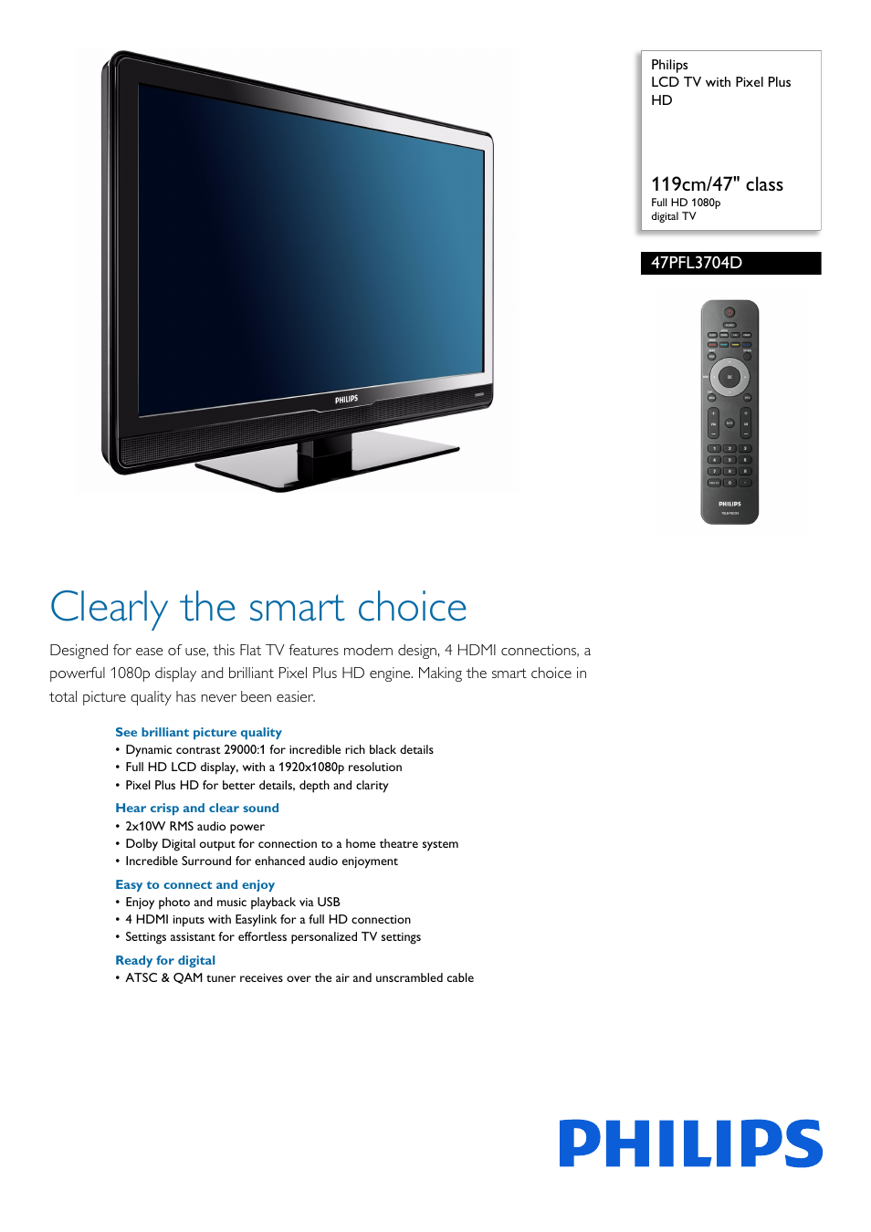 Philips 47PFL3704D-F7 User Manual | 3 pages