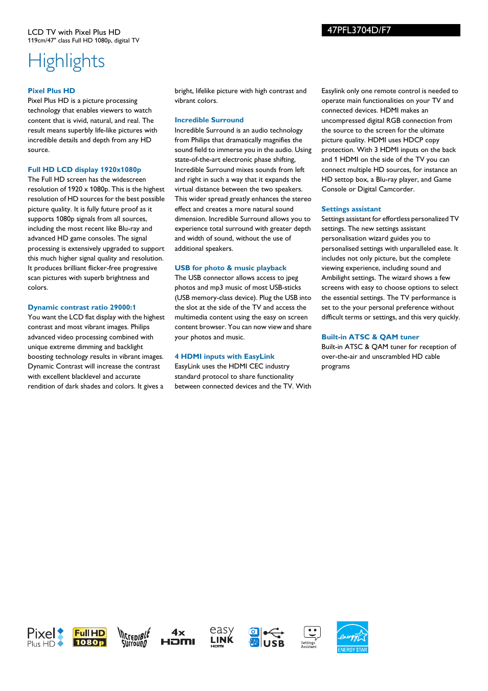 Highlights | Philips 47PFL3704D-F7 User Manual | Page 2 / 3