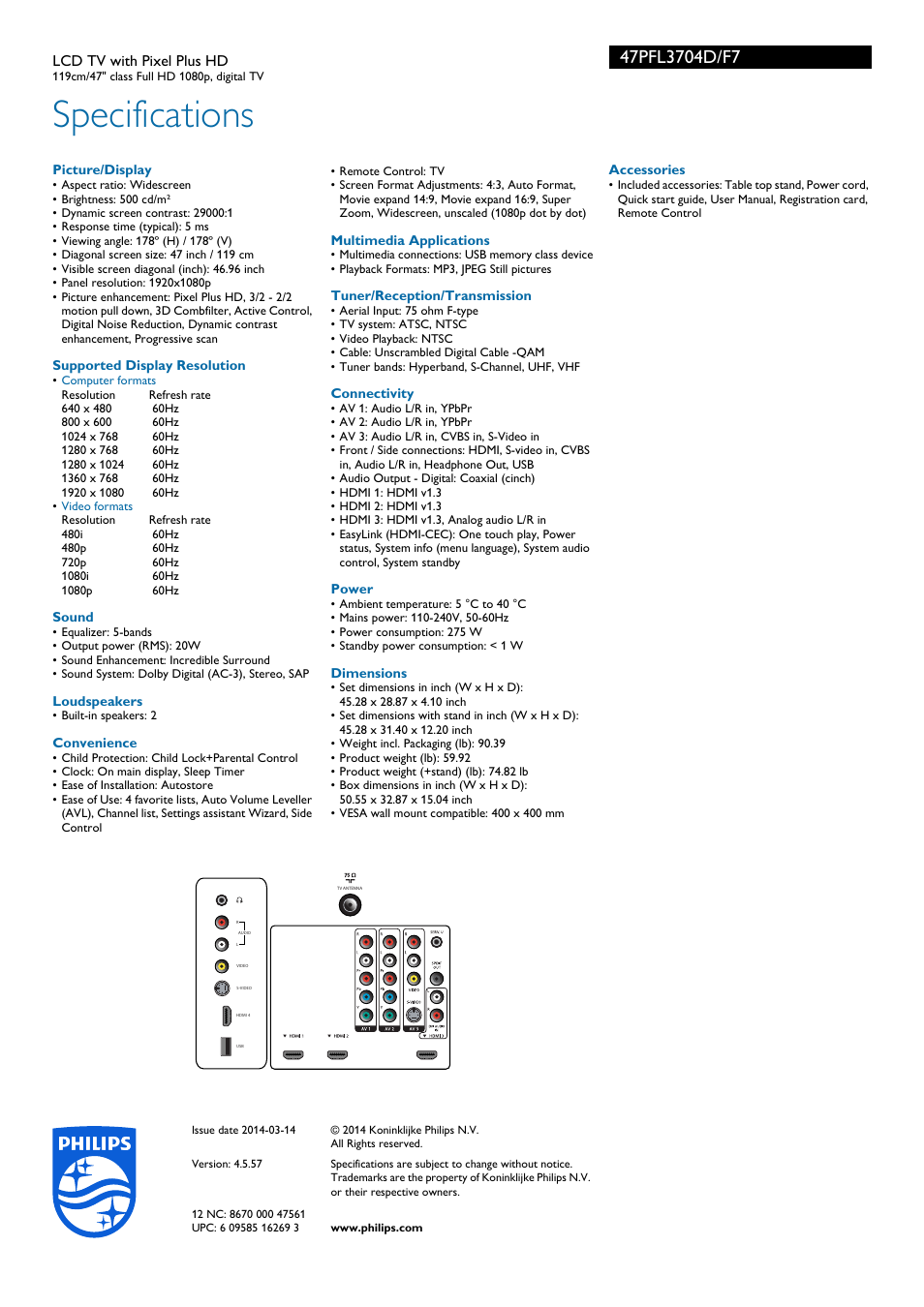 Specifications | Philips 47PFL3704D-F7 User Manual | Page 3 / 3