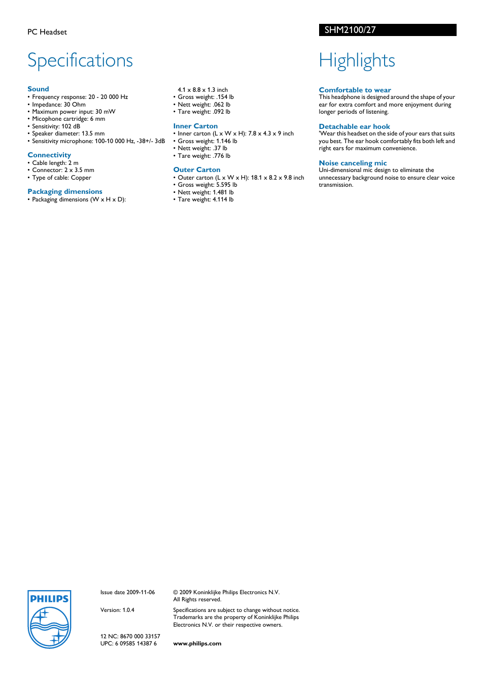 Specifications, Highlights | Philips PC Headset SHM2100 User Manual | Page 2 / 2