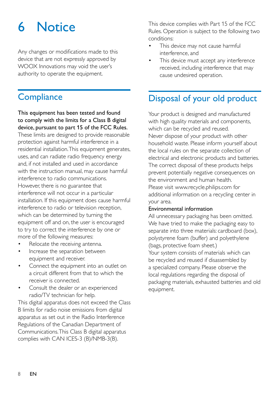 6 notice, Compliance, Disposal of your old product | Philips SPA8210-37 User Manual | Page 10 / 12