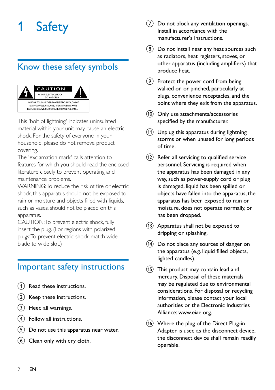 1 safety, Know these safety symbols, Important safety instructions | Philips SPA8210-37 User Manual | Page 4 / 12