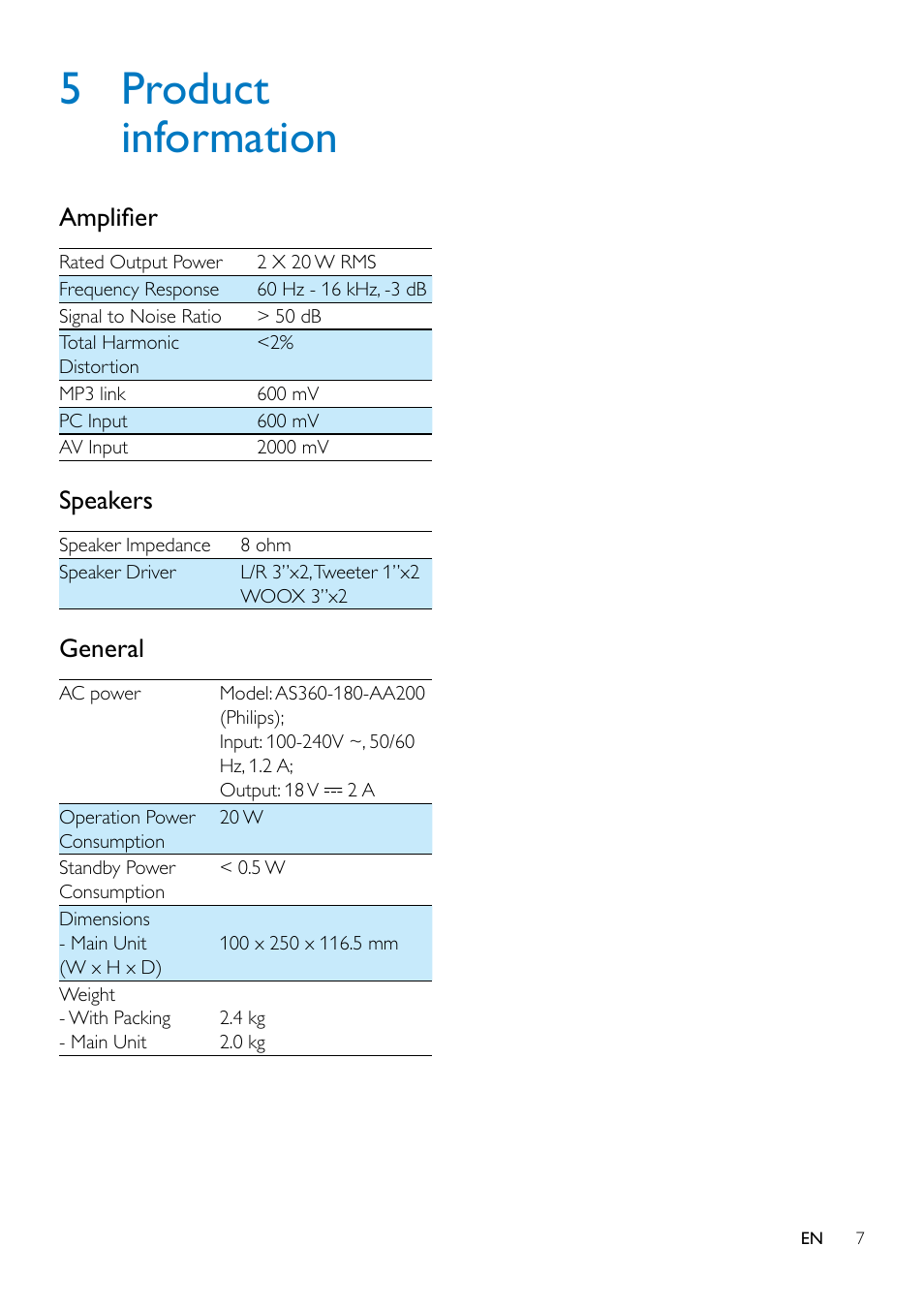 5 product information, Amplifier, Speakers | General | Philips SPA8210-37 User Manual | Page 9 / 12