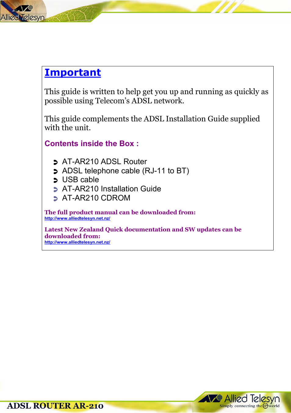 Important | Allied Telesis 210 User Manual | Page 2 / 8