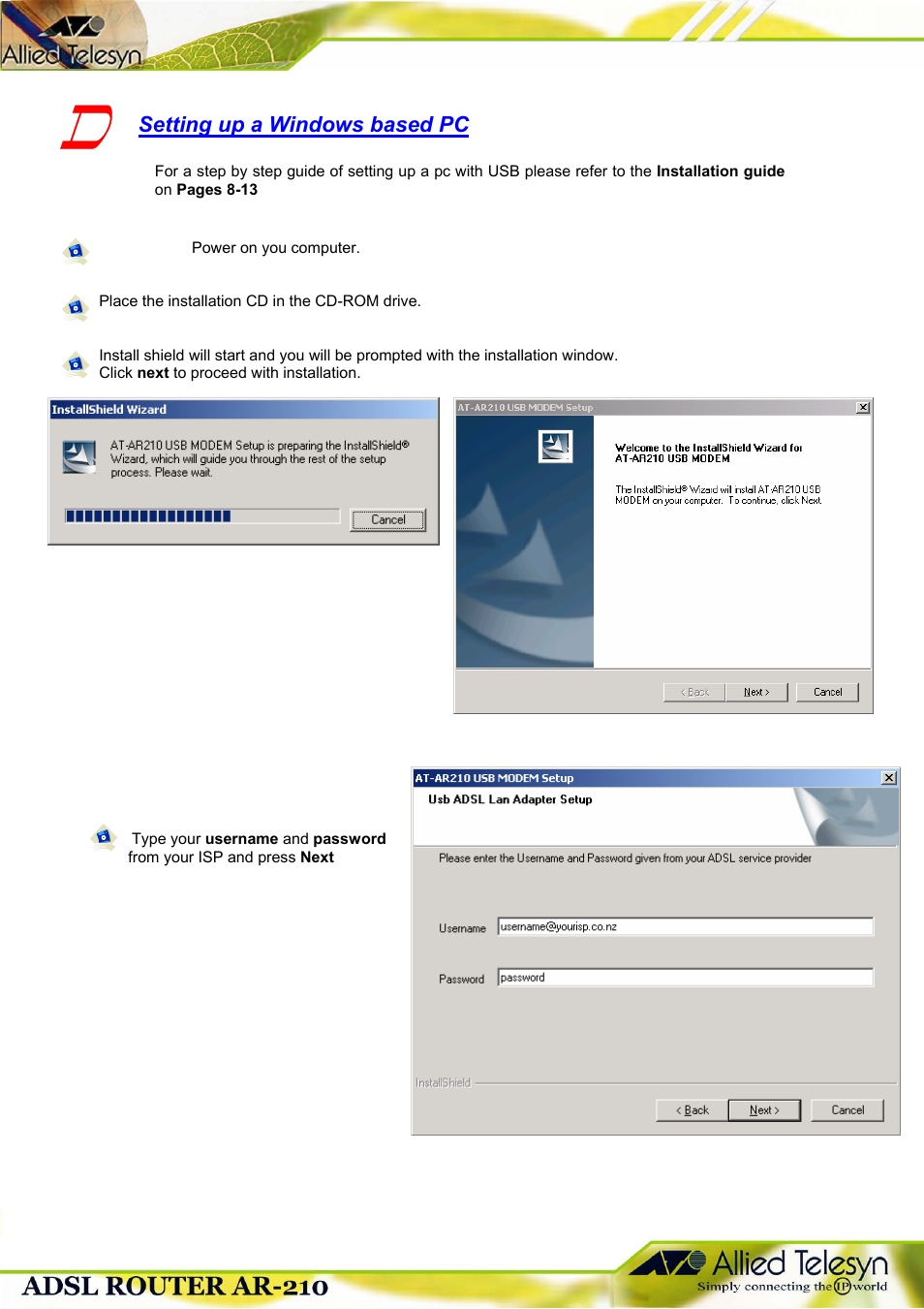 Setting up a windows based pc | Allied Telesis 210 User Manual | Page 4 / 8