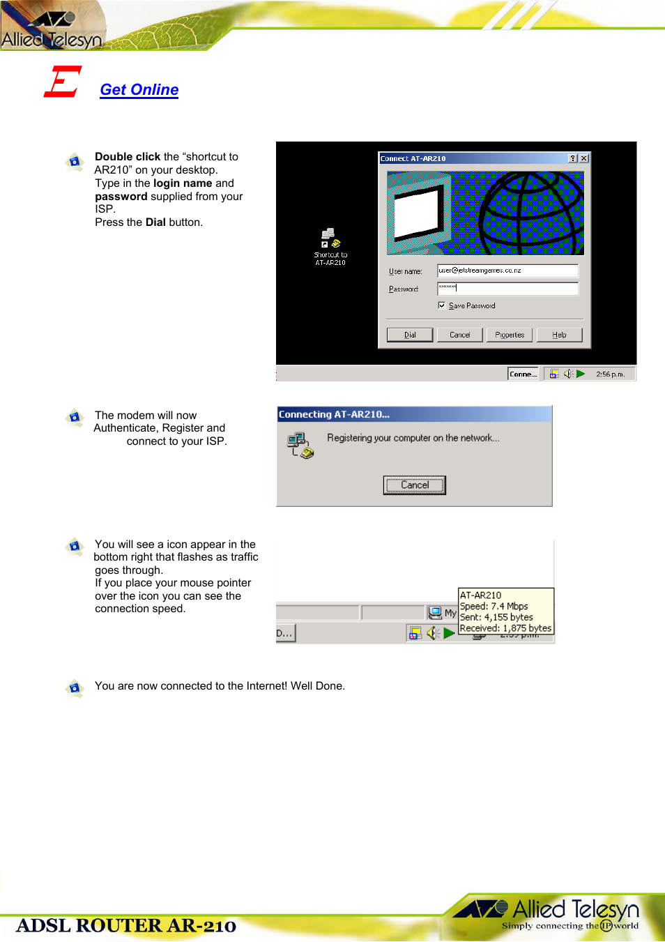 Get online | Allied Telesis 210 User Manual | Page 6 / 8