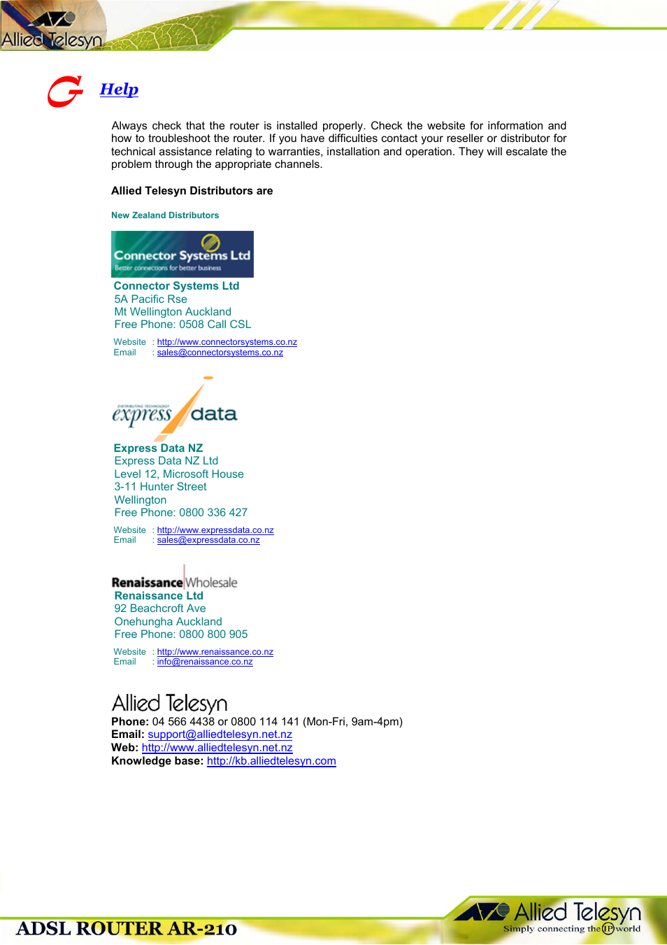 Help | Allied Telesis 210 User Manual | Page 8 / 8
