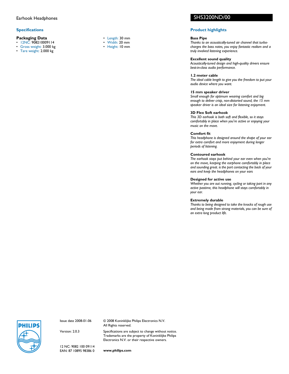 Philips SHS3200ND-00 User Manual | Page 2 / 2