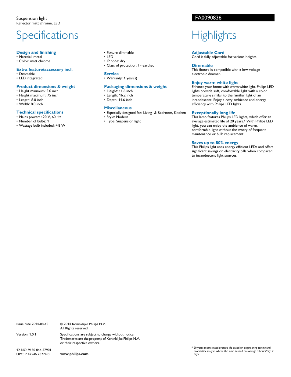 Specifications, Highlights | Philips FA0090836 User Manual | Page 2 / 2