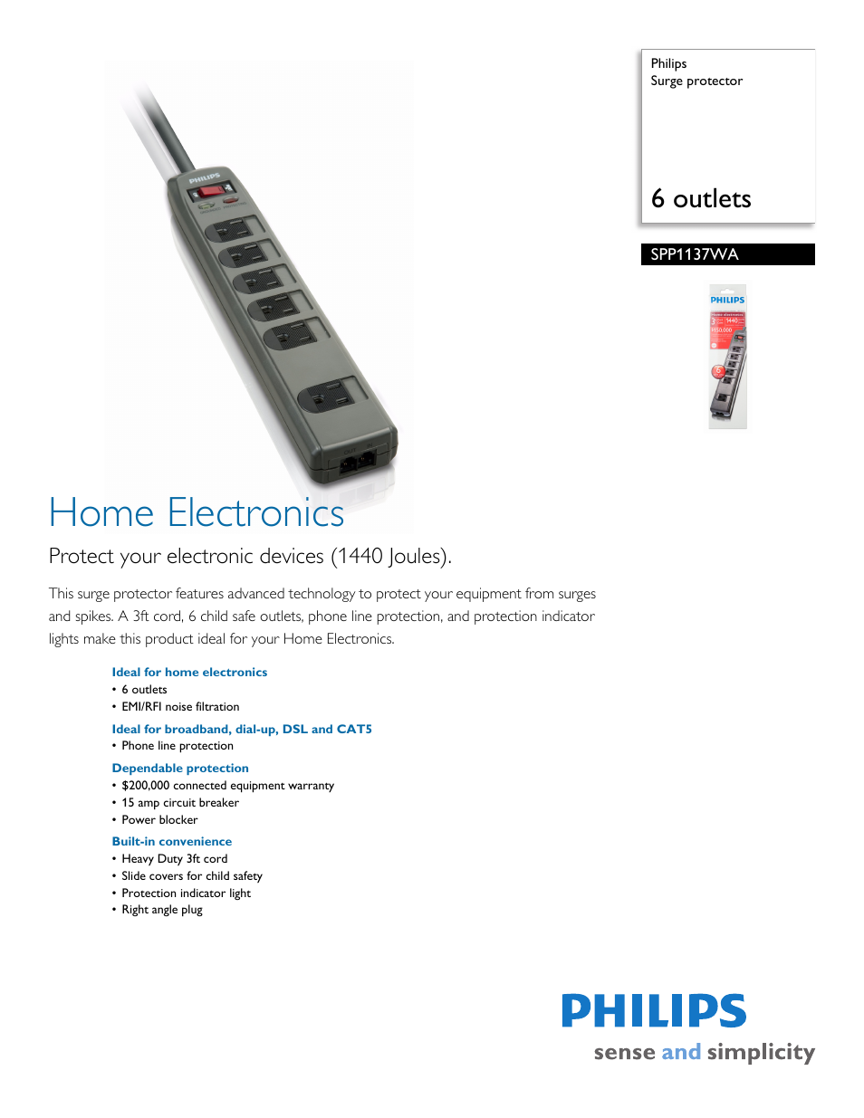 Philips Surge protector SPP1137WA 6 outlets User Manual | 2 pages