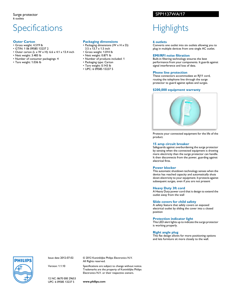 Specifications, Highlights | Philips Surge protector SPP1137WA 6 outlets User Manual | Page 2 / 2