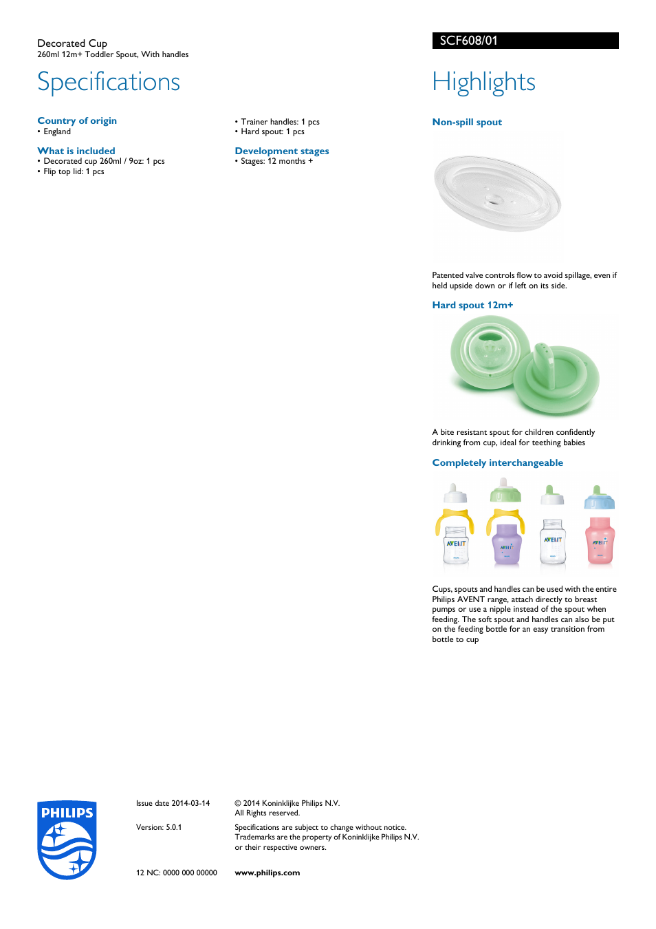 Specifications, Highlights | Philips SCF608-01 User Manual | Page 2 / 2