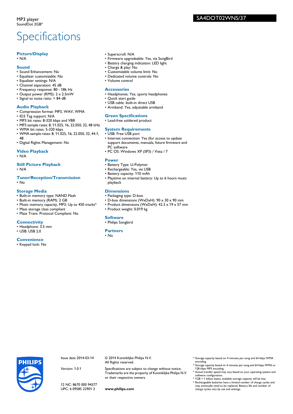 Specifications | Philips SA4DOT02WNS-37 User Manual | Page 3 / 3