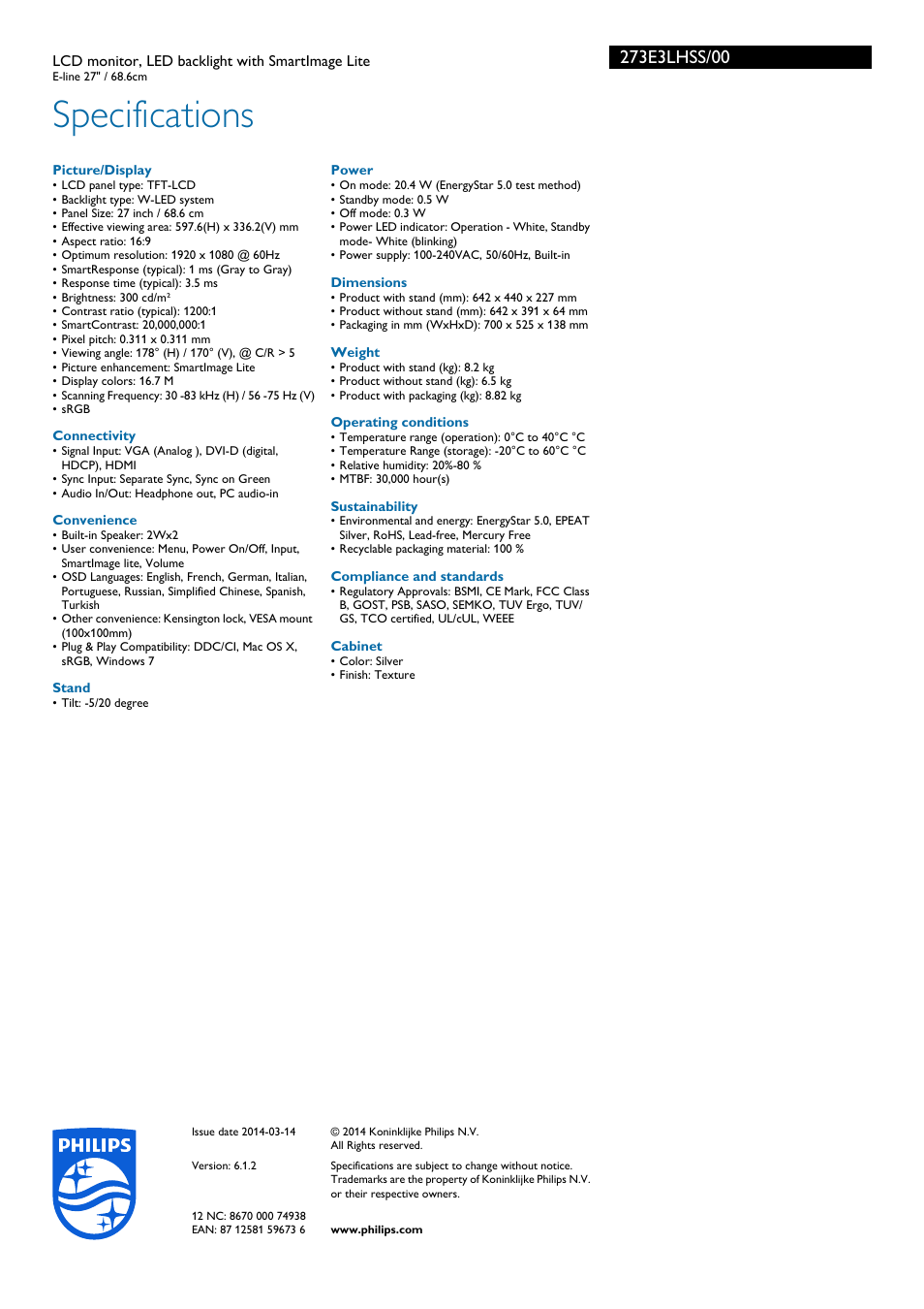Specifications | Philips 273E3LHSS-00 User Manual | Page 3 / 3