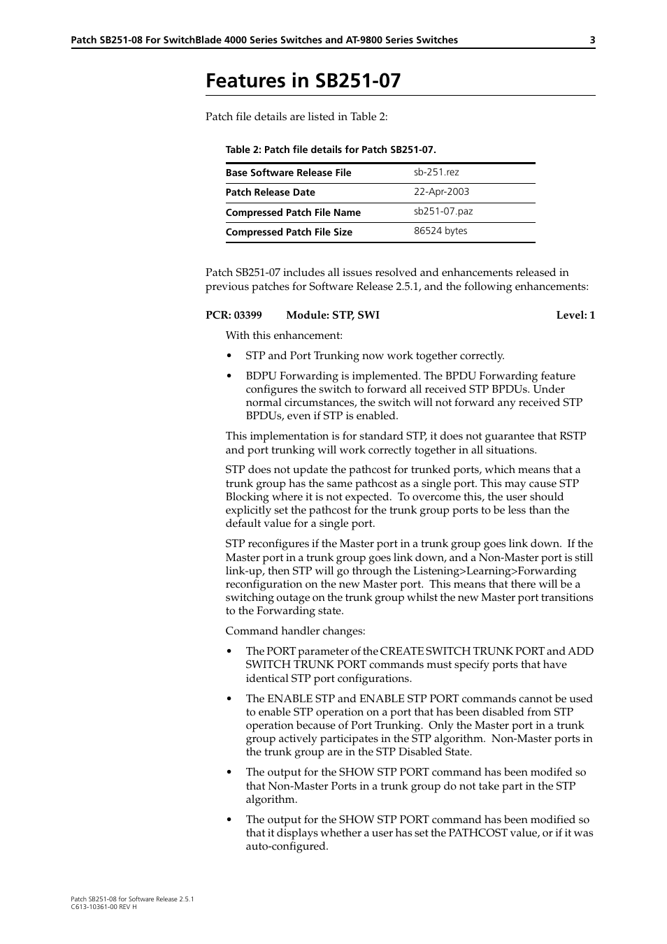 Features in sb251-07 | Allied Telesis SB251-08 User Manual | Page 3 / 12
