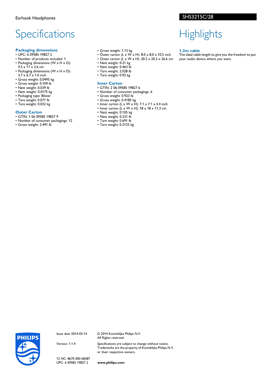 Specifications, Highlights | Philips SHS3215C-28 User Manual | Page 2 / 2