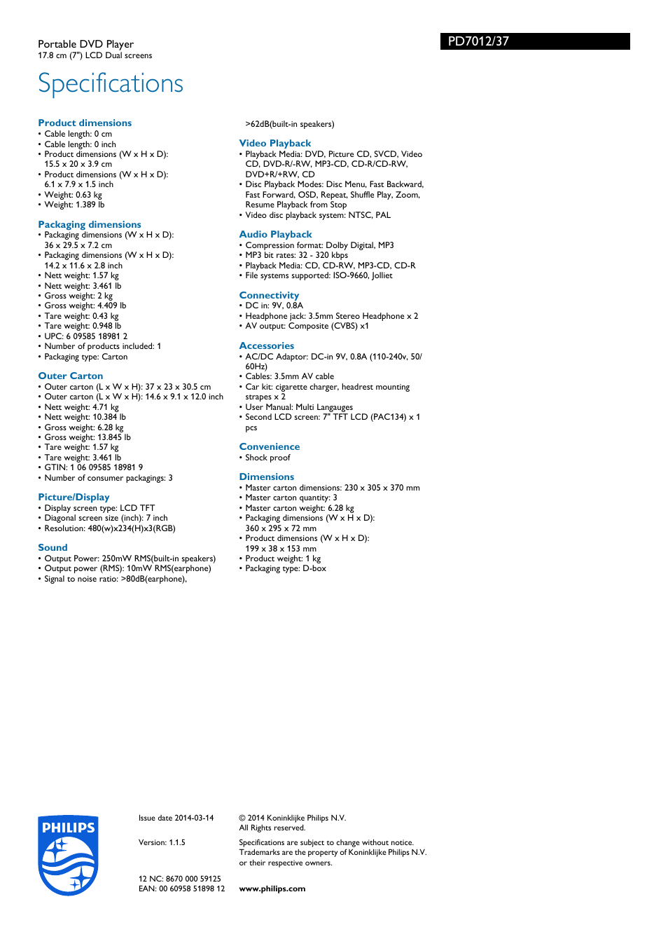 Specifications | Philips PD7012-37 User Manual | Page 3 / 3