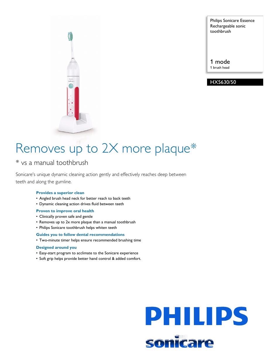 Philips Sonicare Essence Rechargeable sonic toothbrush HX5630-50 1 mode 1 brush head User Manual | 2 pages