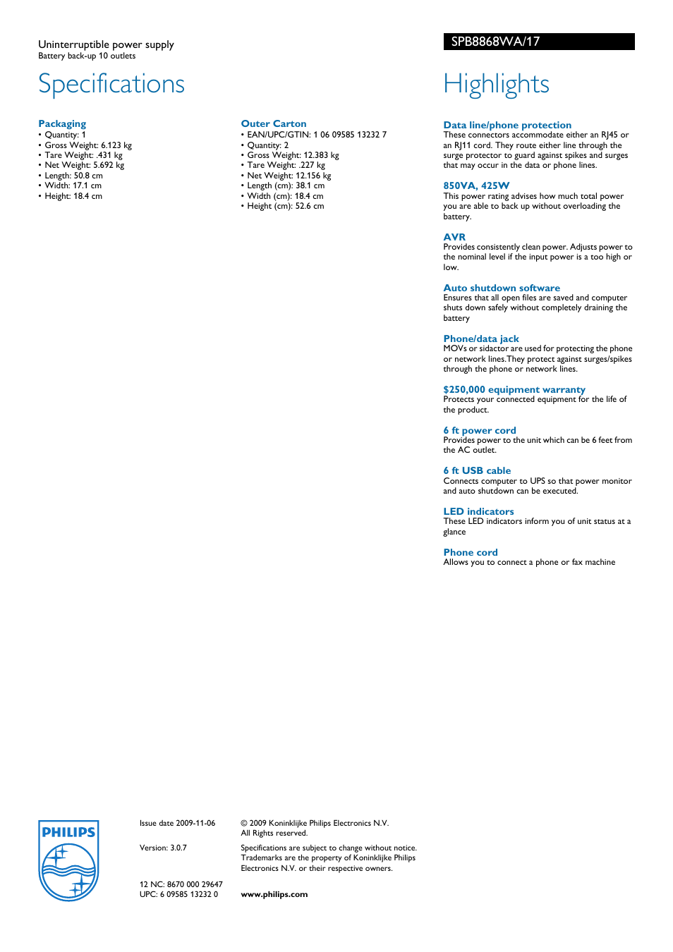 Specifications, Highlights | Philips SPB8868WA-17 User Manual | Page 2 / 2