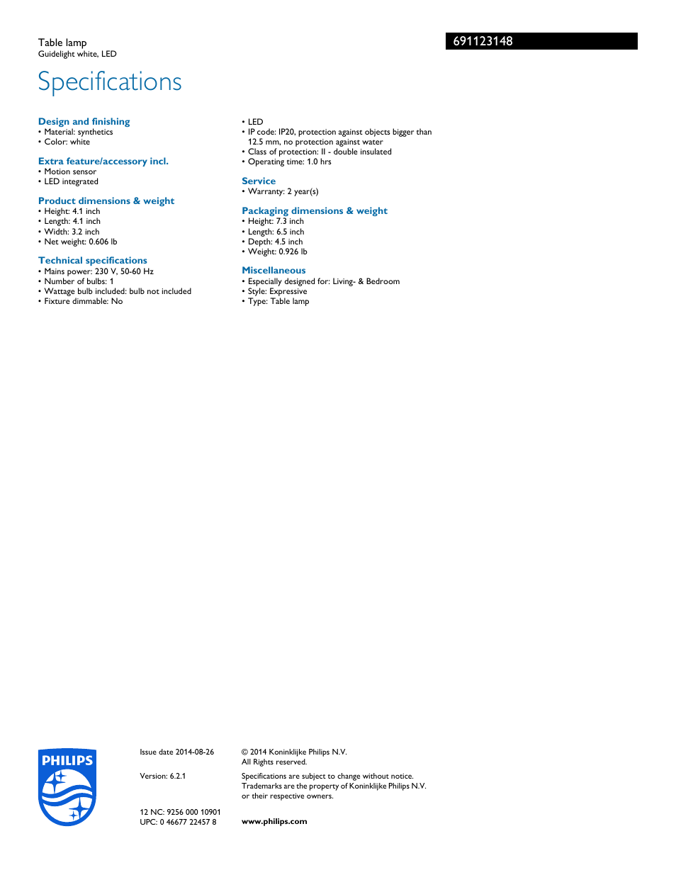 Specifications | Philips 691123148 User Manual | Page 2 / 2