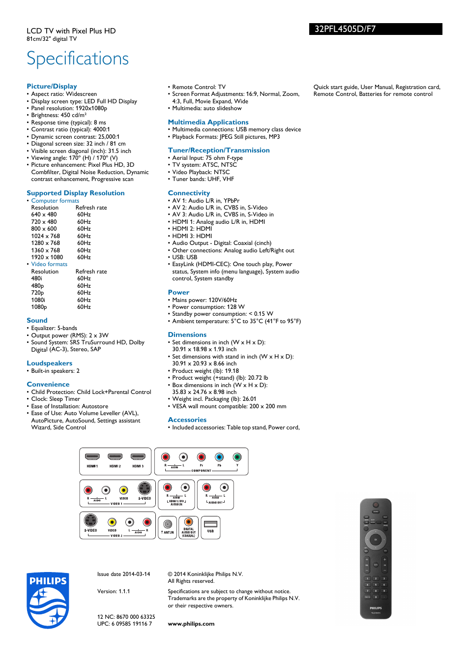 Specifications | Philips 32PFL4505D-F7 User Manual | Page 3 / 3