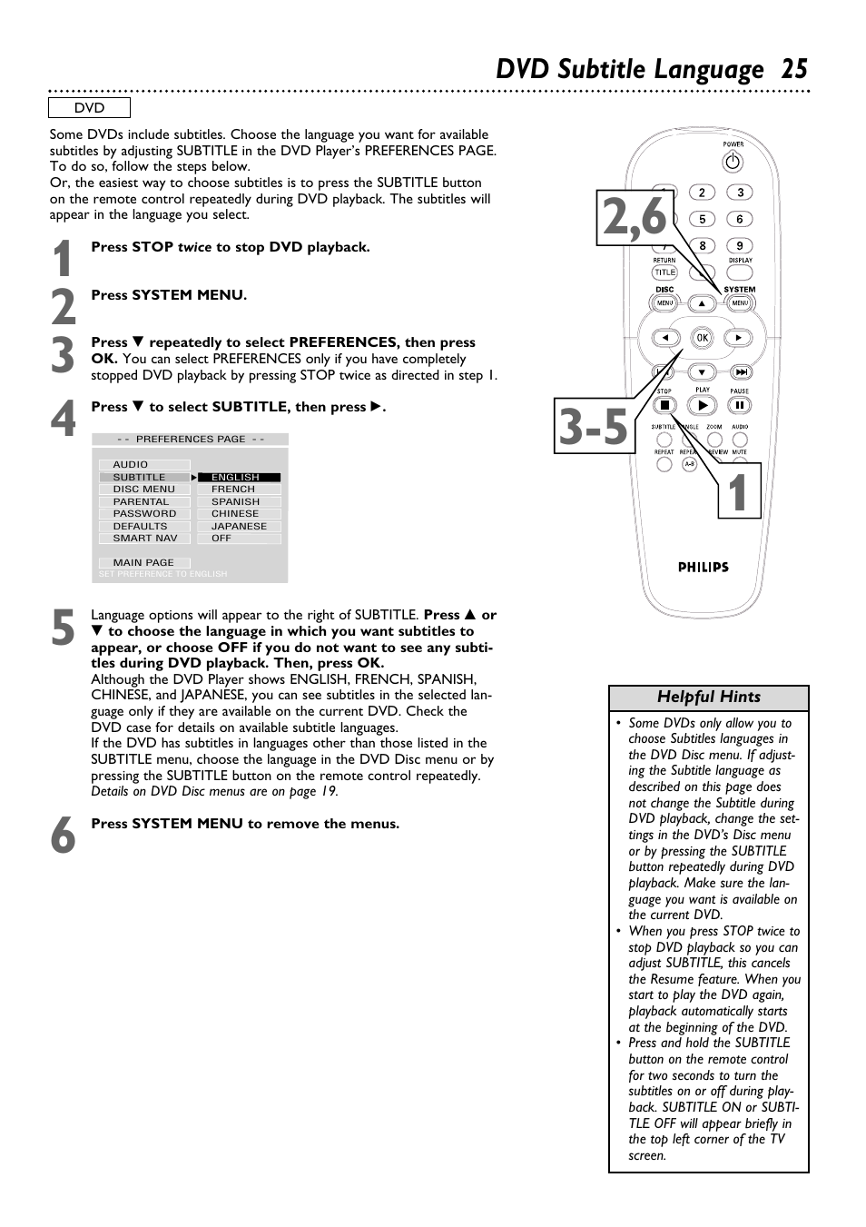 Dvd subtitle language 25 | Philips DVD624AT99 User Manual | Page 25 / 47