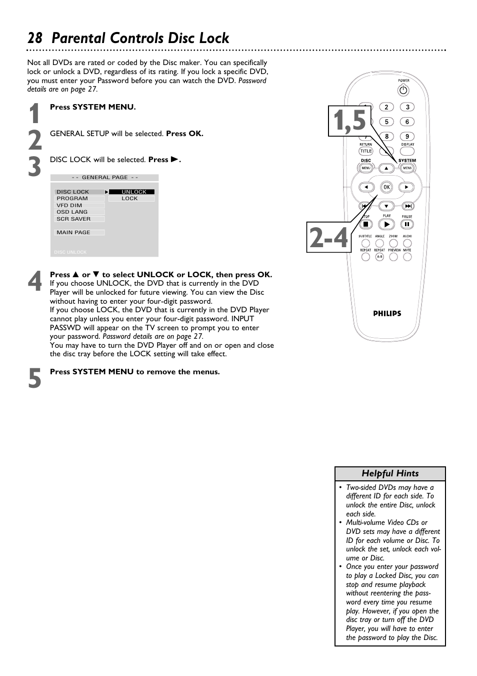 28 parental controls disc lock | Philips DVD624AT99 User Manual | Page 28 / 47