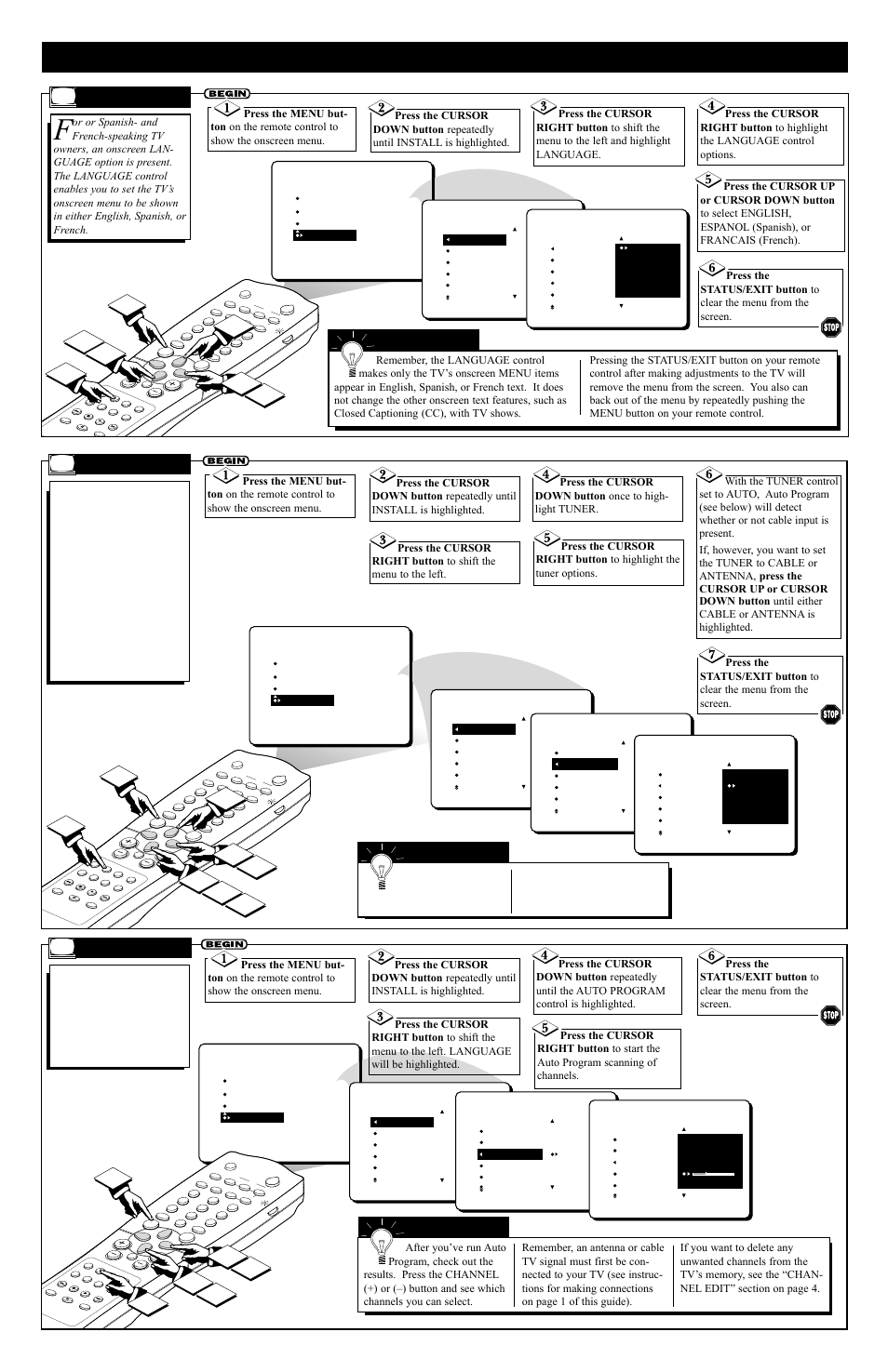 Ow to, Se the, Nstallation | Eatures, Anguage, Uner, Rogram | Philips 27i RealFlat CTV w-PIP-DBX stereo-Remote User Manual | Page 3 / 4