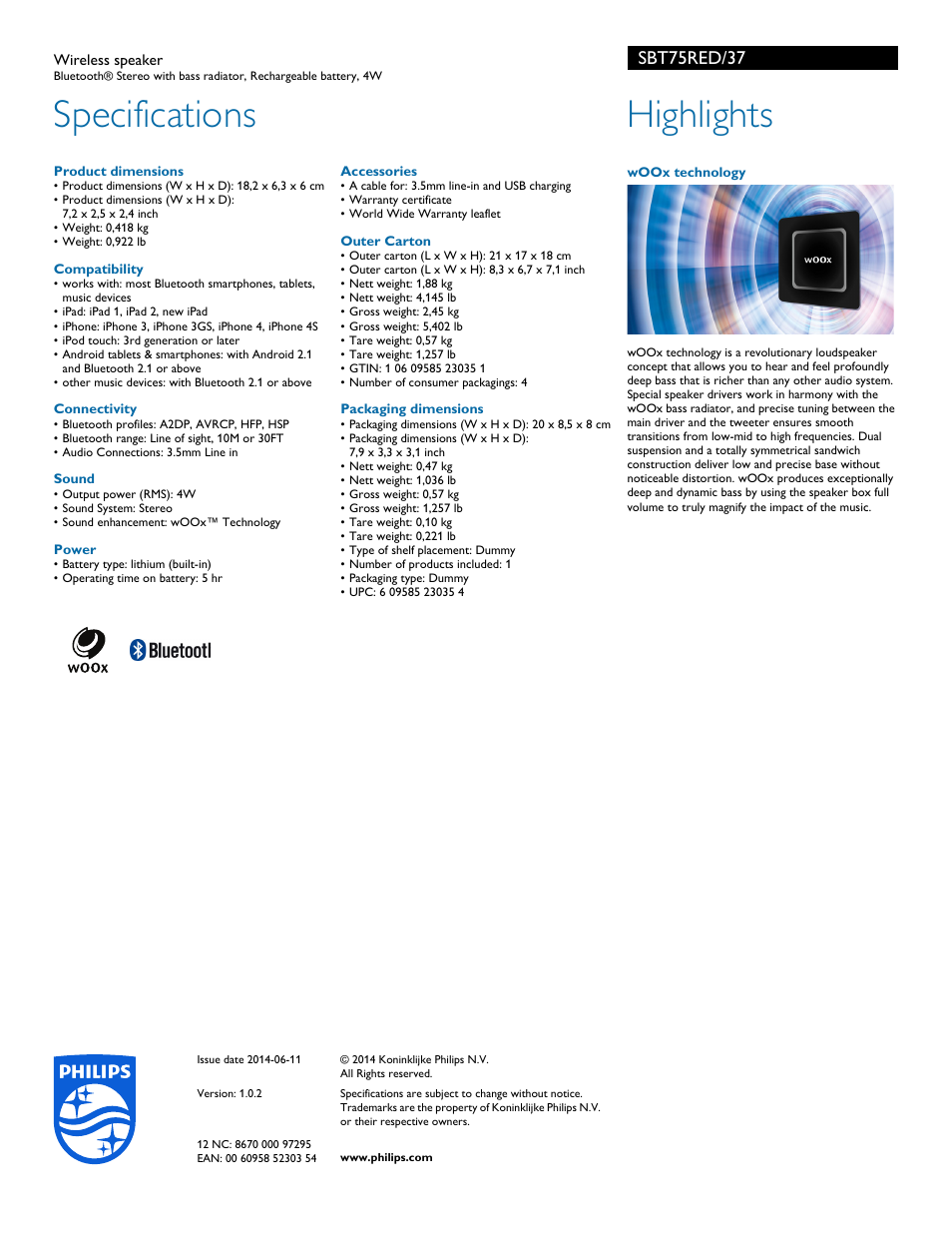 Specifications, Highlights, Sbt75red/37 | Philips SBT75RED-37 User Manual | Page 2 / 2