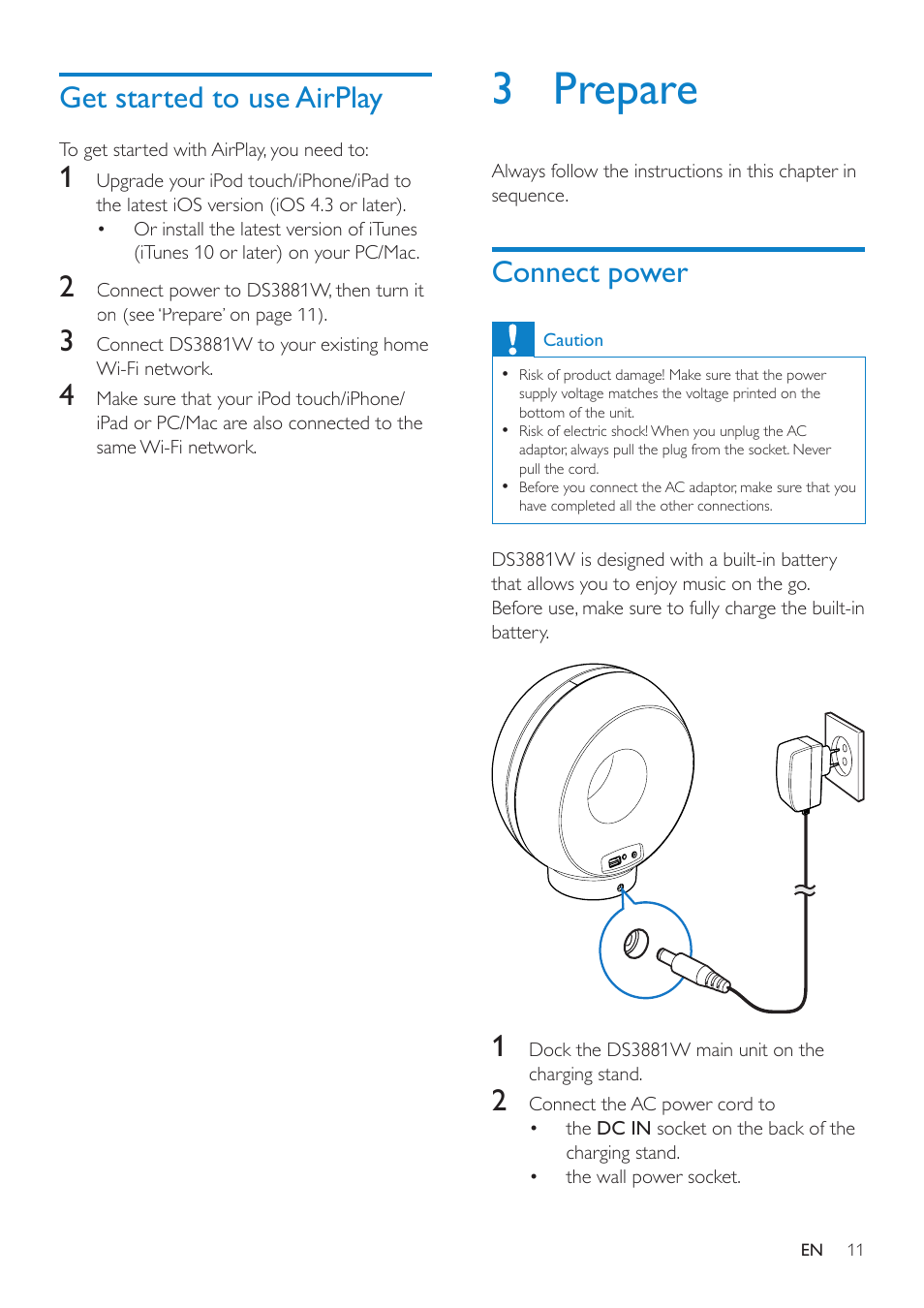 Get started to use airplay, 3 prepare, Connect power | Philips DS3881W-37 User Manual | Page 11 / 28