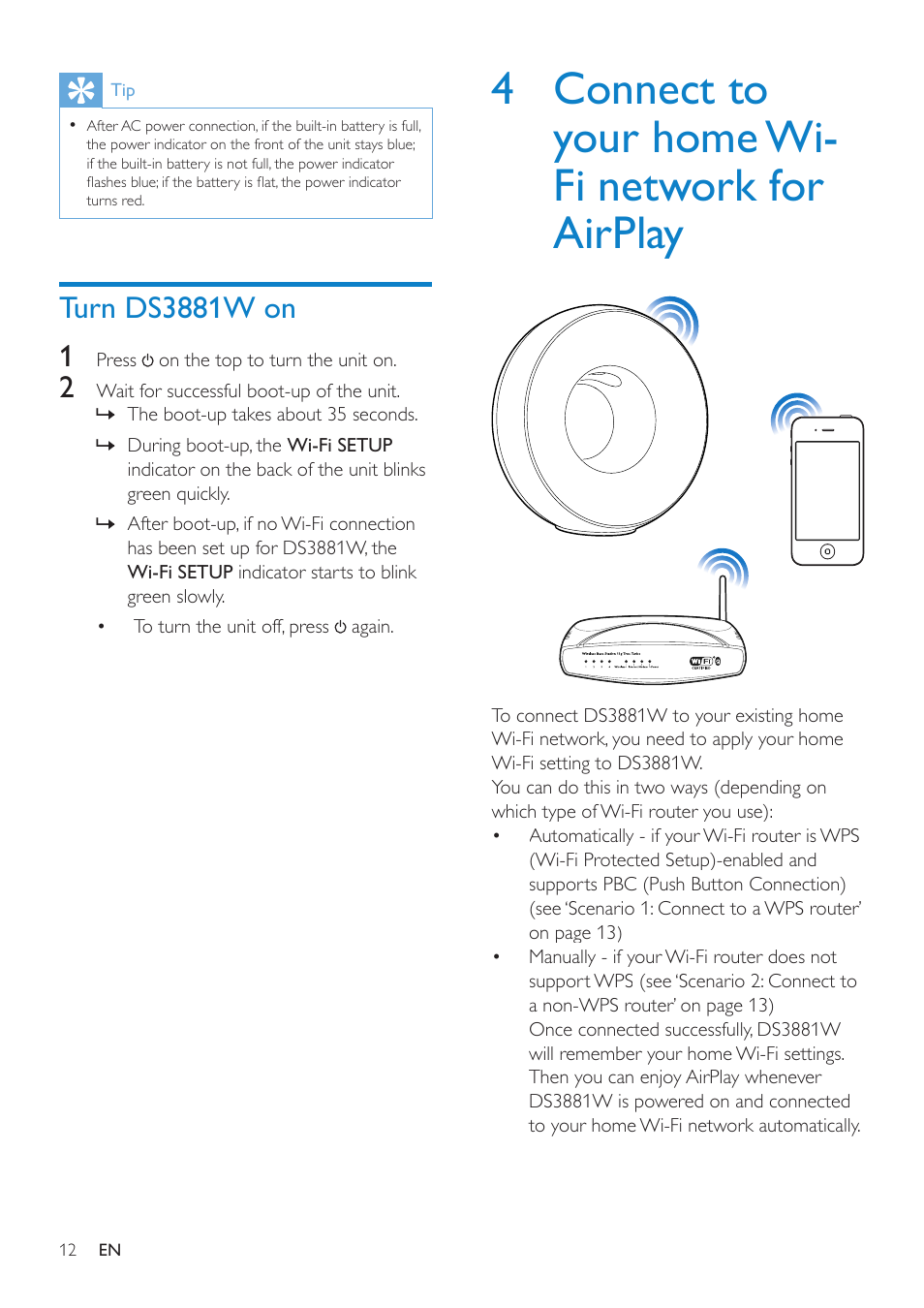 Turn ds3881w on, 4 connect to your home wi-fi network for airplay, 4 connect to your home wi-fi network for | Airplay, 4 connect to your home wi- fi network for airplay | Philips DS3881W-37 User Manual | Page 12 / 28