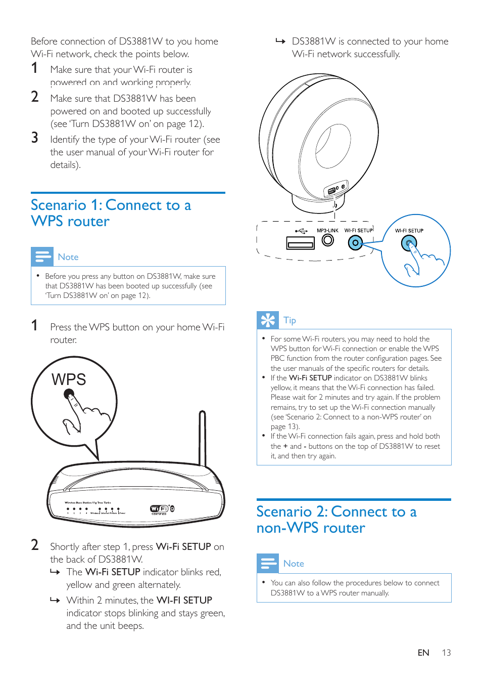 Scenario 1: connect to a wps router, Scenario 2: connect to a non-wps router, Scenario 2: connect to a non-wps router 13 | Automatically - if your wi-fi router is wps, Wi-fi protected setup)-enabled and, Supports pbc (push button connection), Manually - if your wi-fi router does not, Support wps (see | Philips DS3881W-37 User Manual | Page 13 / 28