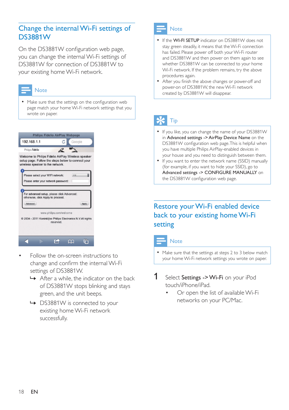 Change the internal wi-fi settings of, Ds3881w based on the settings you, Wrote on paper at step 1 (see | Restore your wi-fi enabled device back, To your existing home wi-fi settings (see | Philips DS3881W-37 User Manual | Page 18 / 28