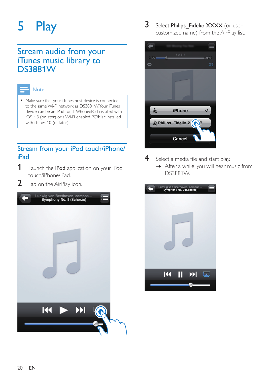 5 play, Stream audio from your itunes music library to, Ds3881w | Philips DS3881W-37 User Manual | Page 20 / 28