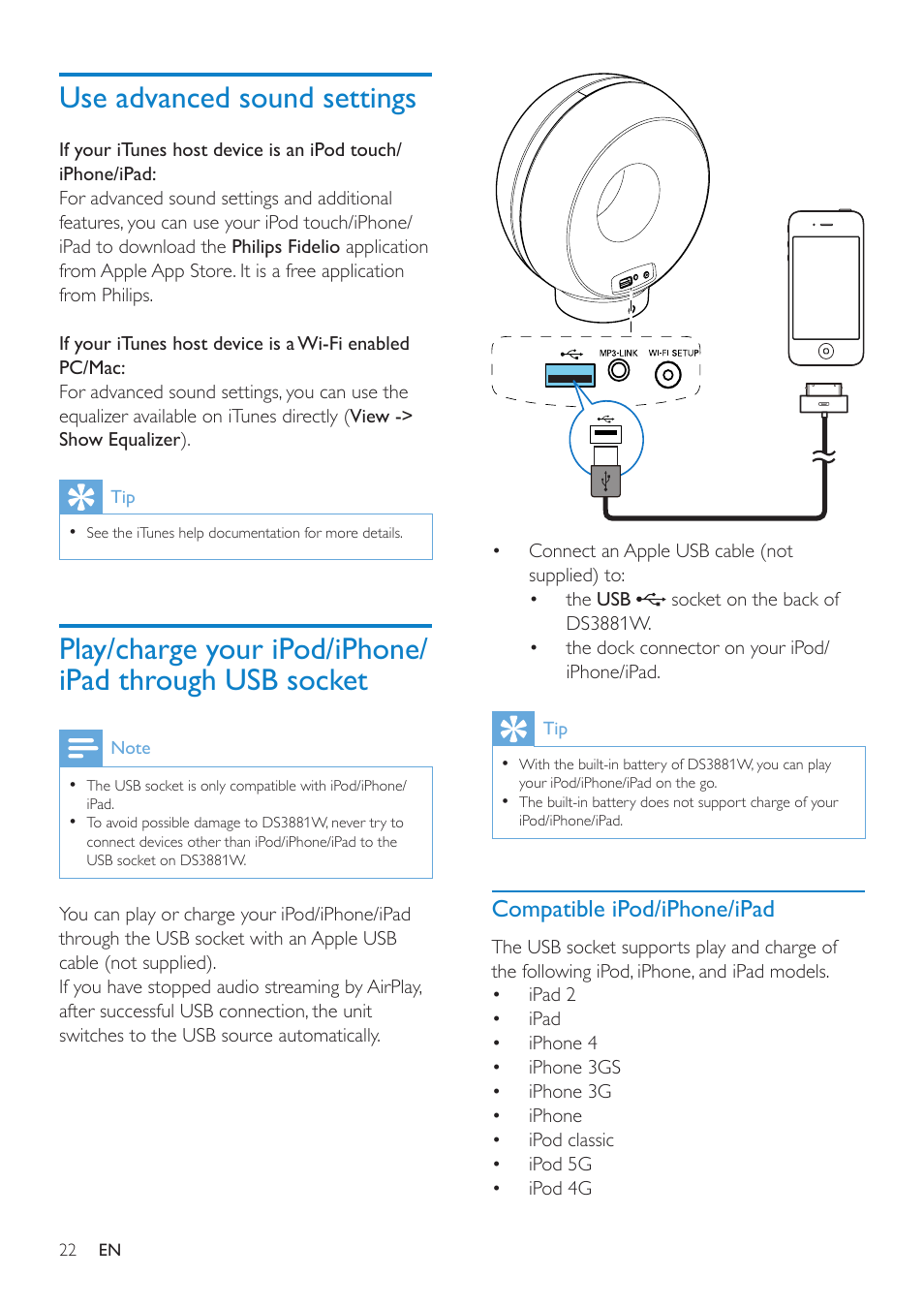 Use advanced sound settings, Play/charge your ipod/iphone/ipad through usb, Socket | Philips DS3881W-37 User Manual | Page 22 / 28