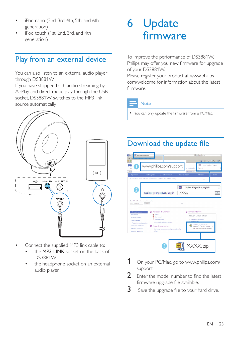 Play from an external device, 6 update firmware, Download the update file | Philips DS3881W-37 User Manual | Page 23 / 28