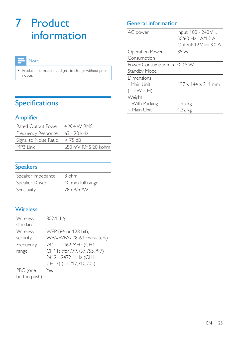 7 product information, Specifications | Philips DS3881W-37 User Manual | Page 25 / 28