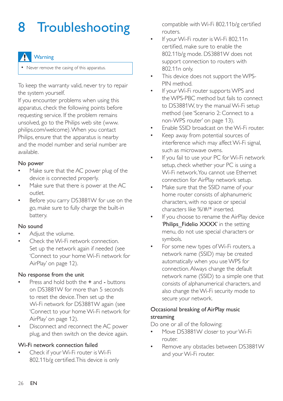 8 troubleshooting | Philips DS3881W-37 User Manual | Page 26 / 28