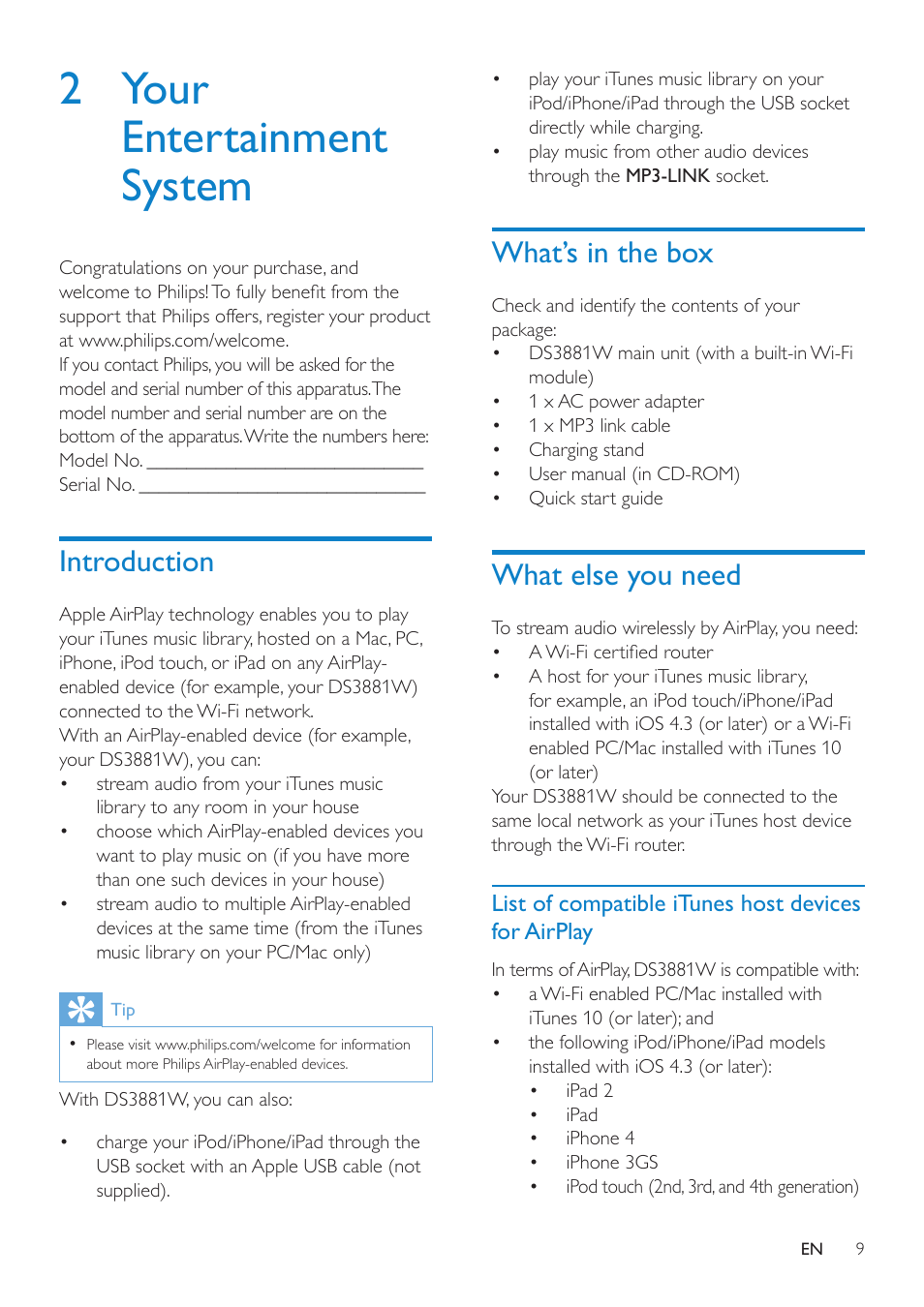 2 your entertainment system, Introduction, What’s in the box | What else you need | Philips DS3881W-37 User Manual | Page 9 / 28
