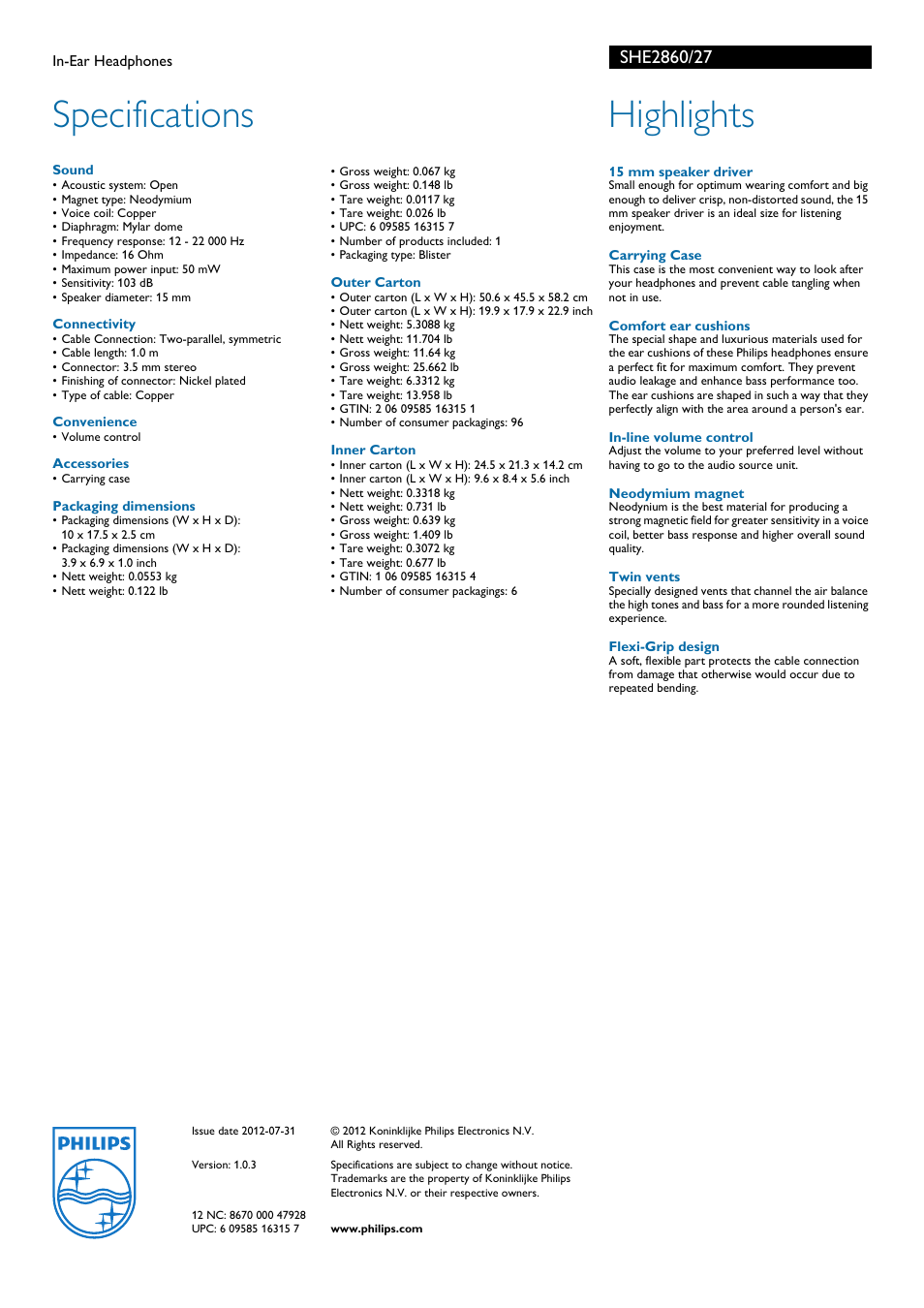 Specifications, Highlights | Philips SHE2860-27 User Manual | Page 2 / 2