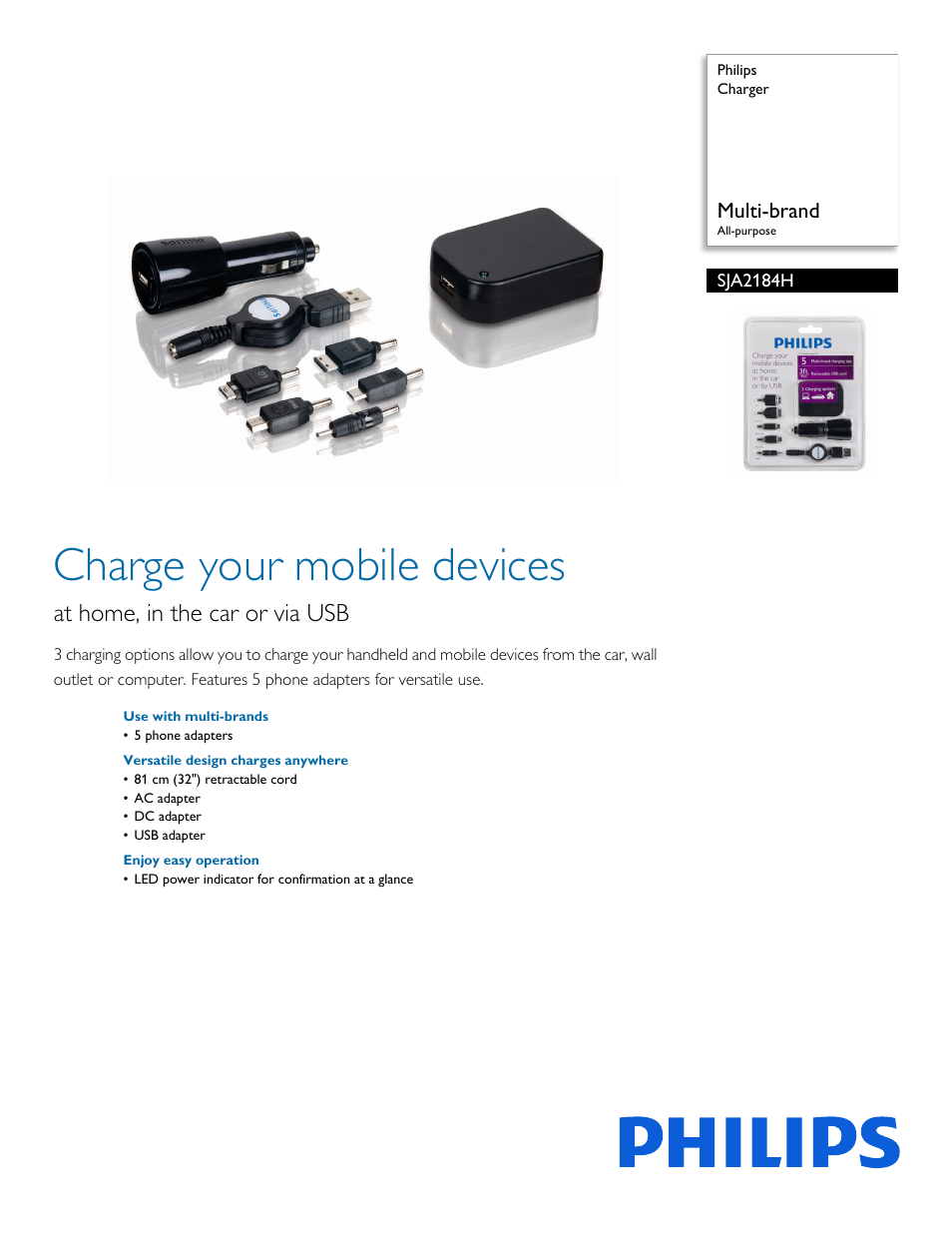 Philips Charger SJA2184H Multi-brand All-purpose User Manual | 2 pages