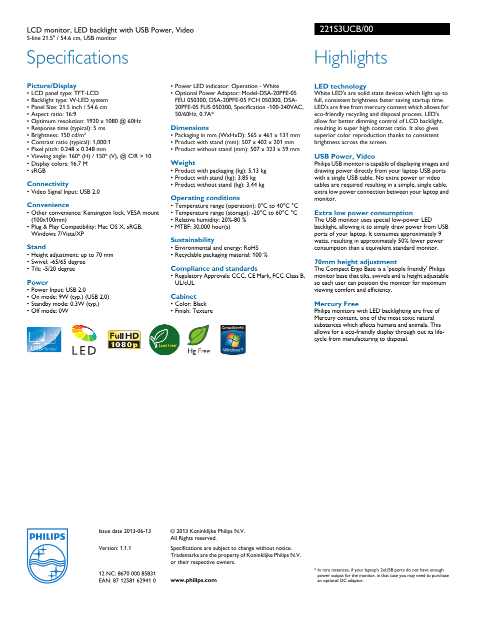 Specifications, Highlights | Philips 221S3UCB-00 User Manual | Page 2 / 2