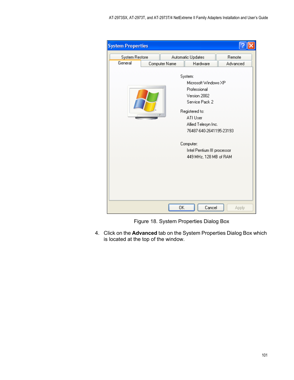 Figure 18. system properties dialog box | Allied Telesis NETEXTREME II AT-2973SX User Manual | Page 101 / 176