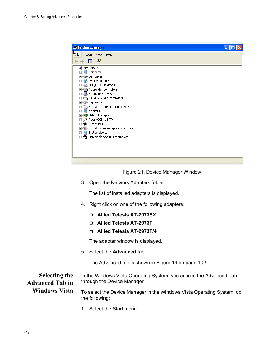 Selecting the advanced tab in windows vista, Figure 21. device manager window | Allied Telesis NETEXTREME II AT-2973SX User Manual | Page 104 / 176